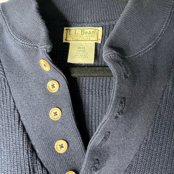 Vintage LL Bean Sweater Men Lg  Blue Chunky Knit 100% Cotton Quarter Button USA - Picture 2 of 9